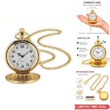 Vintage Pocket Watch 47mm Gold Tone with Chain Quartz Battery Operated Retro