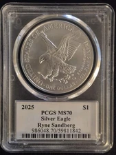 2025 $1 American Silver Eagle 1oz PCGS MS70 Signed Ryne Sandberg