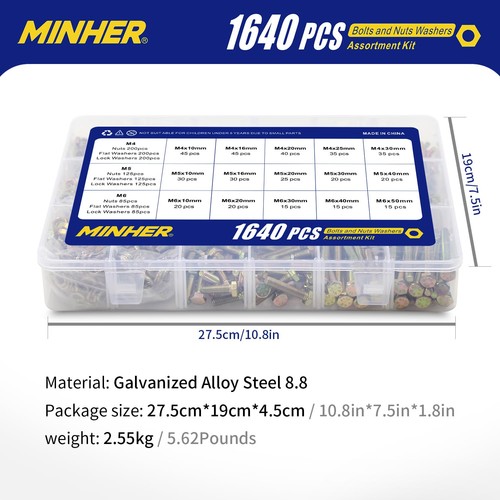 1640PCS M4 M5 M6 Bolts and Nuts Assortment Kit Grade 8.8 Alloy Steel Hex Scre... - Picture 5 of 7