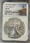 2022 $1 American Silver Eagle - U.S. State Series - Rhode Island ~ NGC MS 70