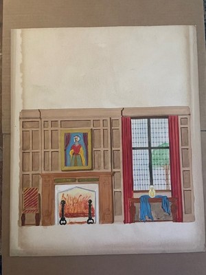 Vintage HAND DRAWN Painting Interior Room Design ELIZABETHAN Fireplace Signed