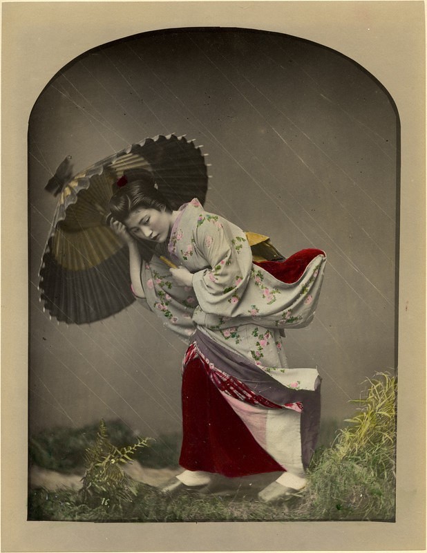 Impresión fotográfica artística vintage coloreada a mano paraguas mujer japonesa 24x36