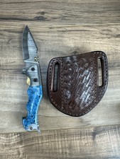 Damascus Steel Folding Pocket Knife Inner Lock Turquoise & Blue Resin Handle