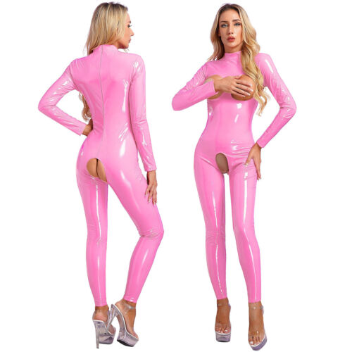 Damen Catsuit Wetlook Offenem Brust Schritt Overalls mit Reißverschluss Clubwear - Bild 24 von 39