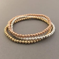 3 Pcs Lady 14k Gold Plated 4MM Beads Bead Stack Bracelets Women Bohemian Jewelry