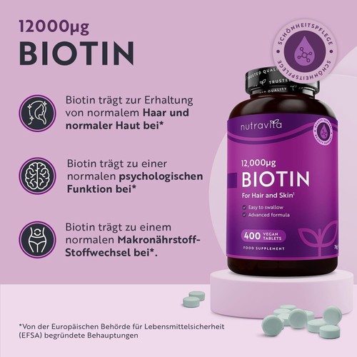 Biotin hochdosiert 12.000 mcg Haarwachstum Haut Nägel 400 Tabletten – Vegan - Bild 2 von 5