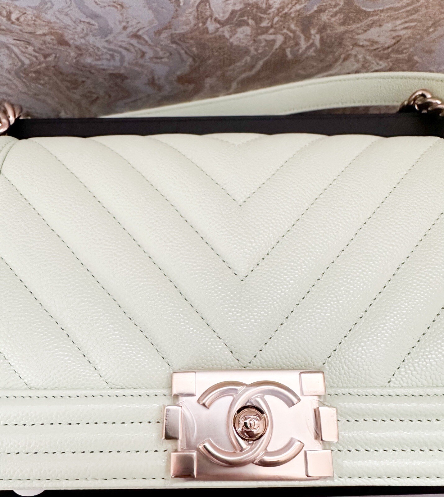 Chanel Medium Boy Caviar Chevron Quilted Light Green Flap Chain Shoulder Bag image 8