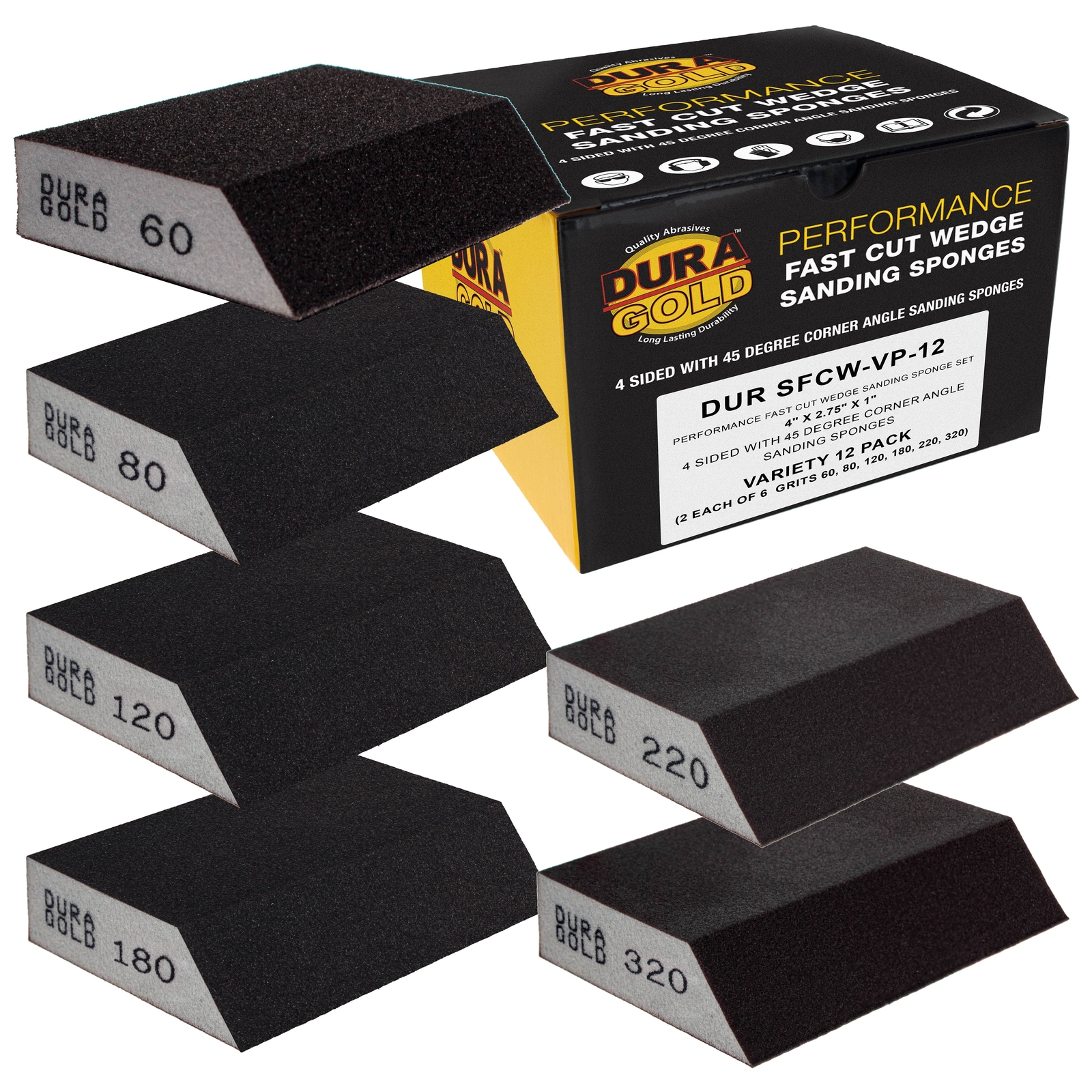 Variety Pack Sanding Block Sponges Angled Edge 12/Pack, 3.9" x 2.75" Wet/Dry