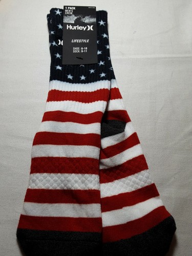 HURLEY Lifestyle USA Crew Socks  (6-10) Red White Blue American Flag Stars - Picture 2 of 5