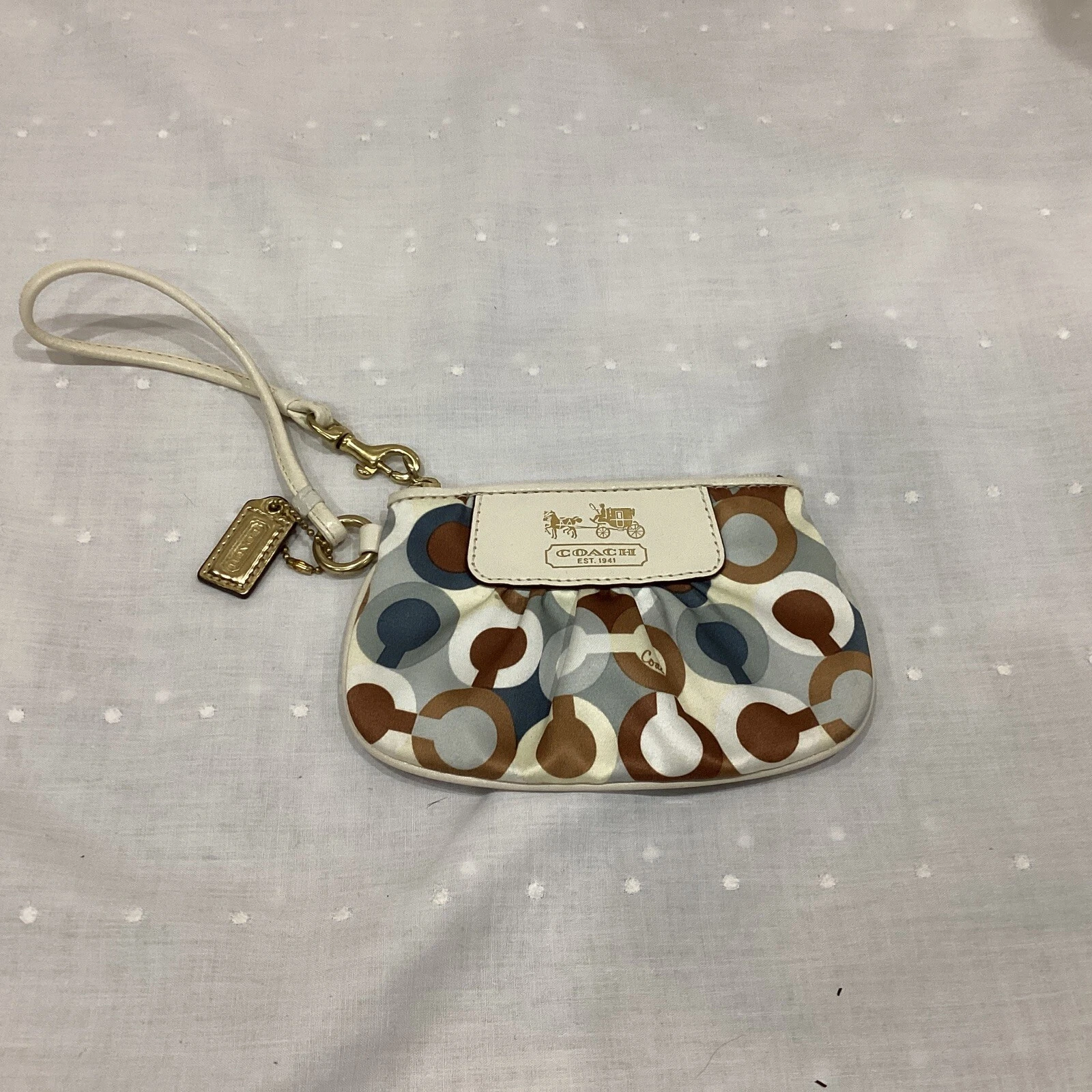 Portafoglio monete Coach firmato raso e pelle avorio grafica Madison