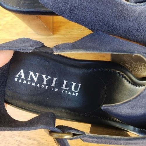 Anyi Lu sandalo donna scamosciato Athena legno tacco elegante blu bordato taglia 9,5 - Foto 8 di 9