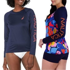 Nautica Long Sleeve Logo Graphic UPF 30 Beach Rash Guard Swim Top M-XXL