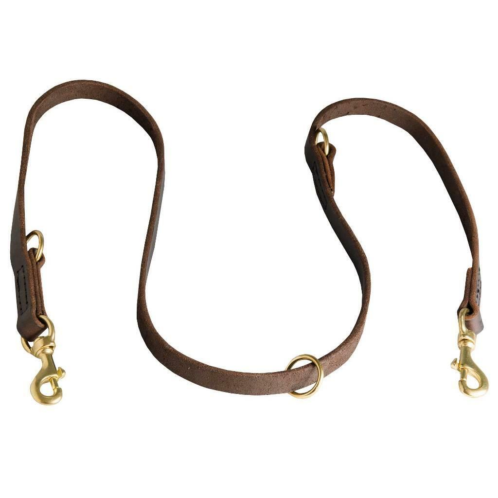 Double Ended Dog Lead Leash Adjustable with 2 Clips Real Leather