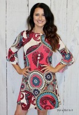 USA New Boho Women's Red Teal Paisley Relaxed Fit Tunic Dress Pockets S M L