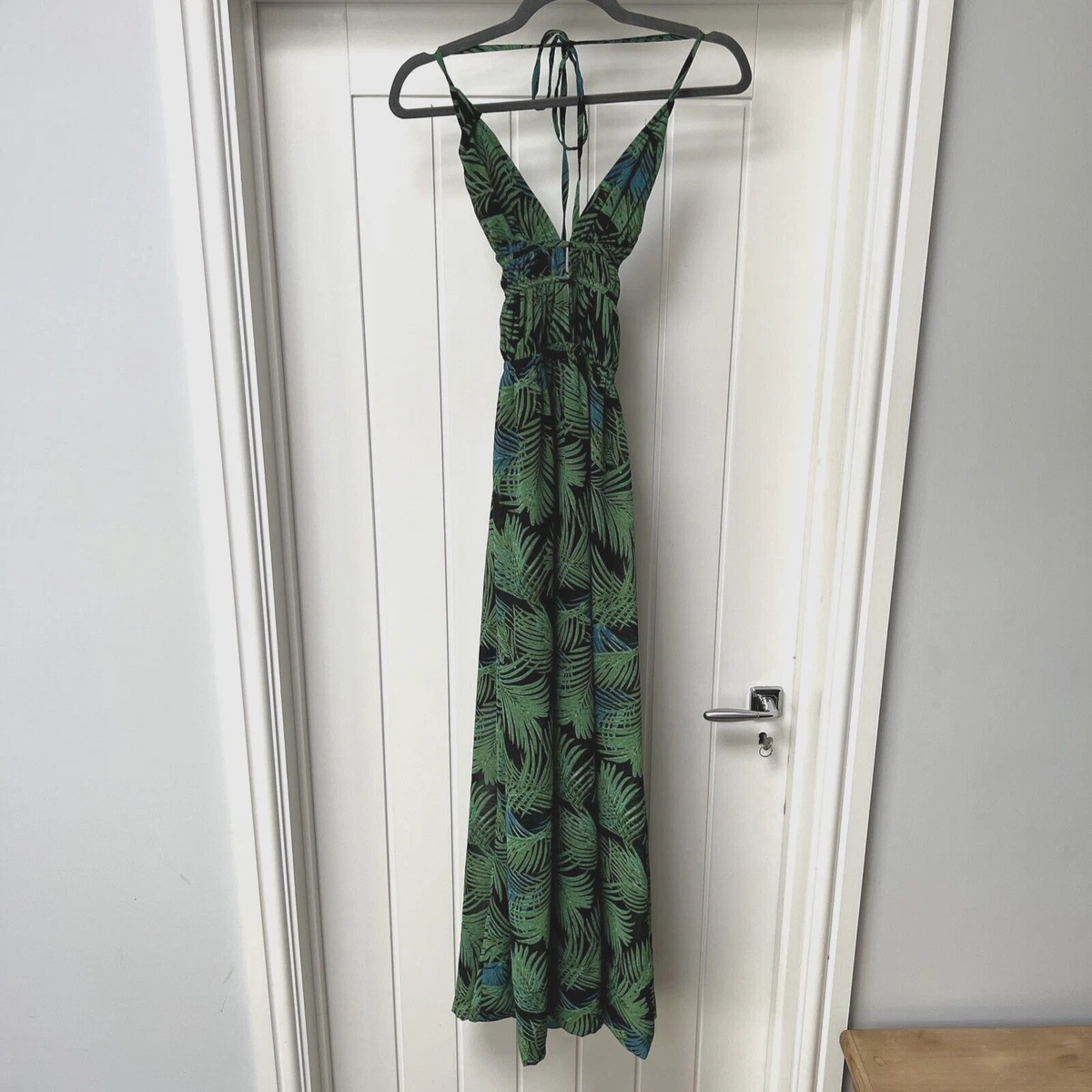 Boohoo Womens Plunge Front Palm Tree Print Maxi Dress Green Black Size 14 Tall