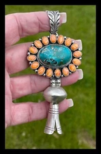 NAVAJO ~SS ~4 1/4 IN LONG~ KINGMAN TURQ~ORANGE SPINY ~PENDANT~GERALDINE JAMES