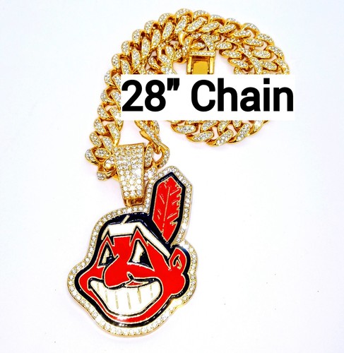 CLEVELAND INDIANS GEM NECKLACE Gold Hip Hop MLB Bling Pendant & 28" Chain - Picture 1 of 3