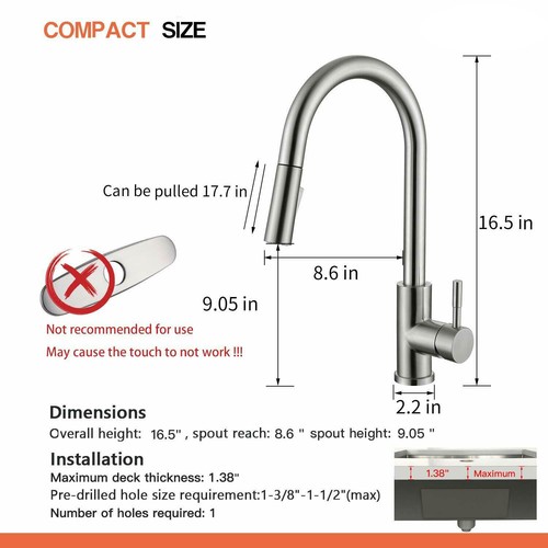 Sensor Touch Kitchen Sink Faucet Pull Down Sprayer Swivel Mixer Tap Single Lever - Picture 46 of 123