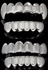 Fangs & Plain Joker Grillz 4 pc Set Silver Plated Top Bottom Teeth w/Molds Grill
