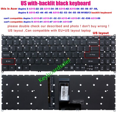 for Acer Aspire 3 A315-42,A315-42G,A315-54,A315-55,A315-56 Keyboard US backlit