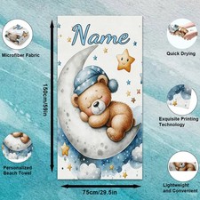 Customized Name Beach Towel with Sleeping Teddy Bear Pattern, Ultra-Fine Fiber