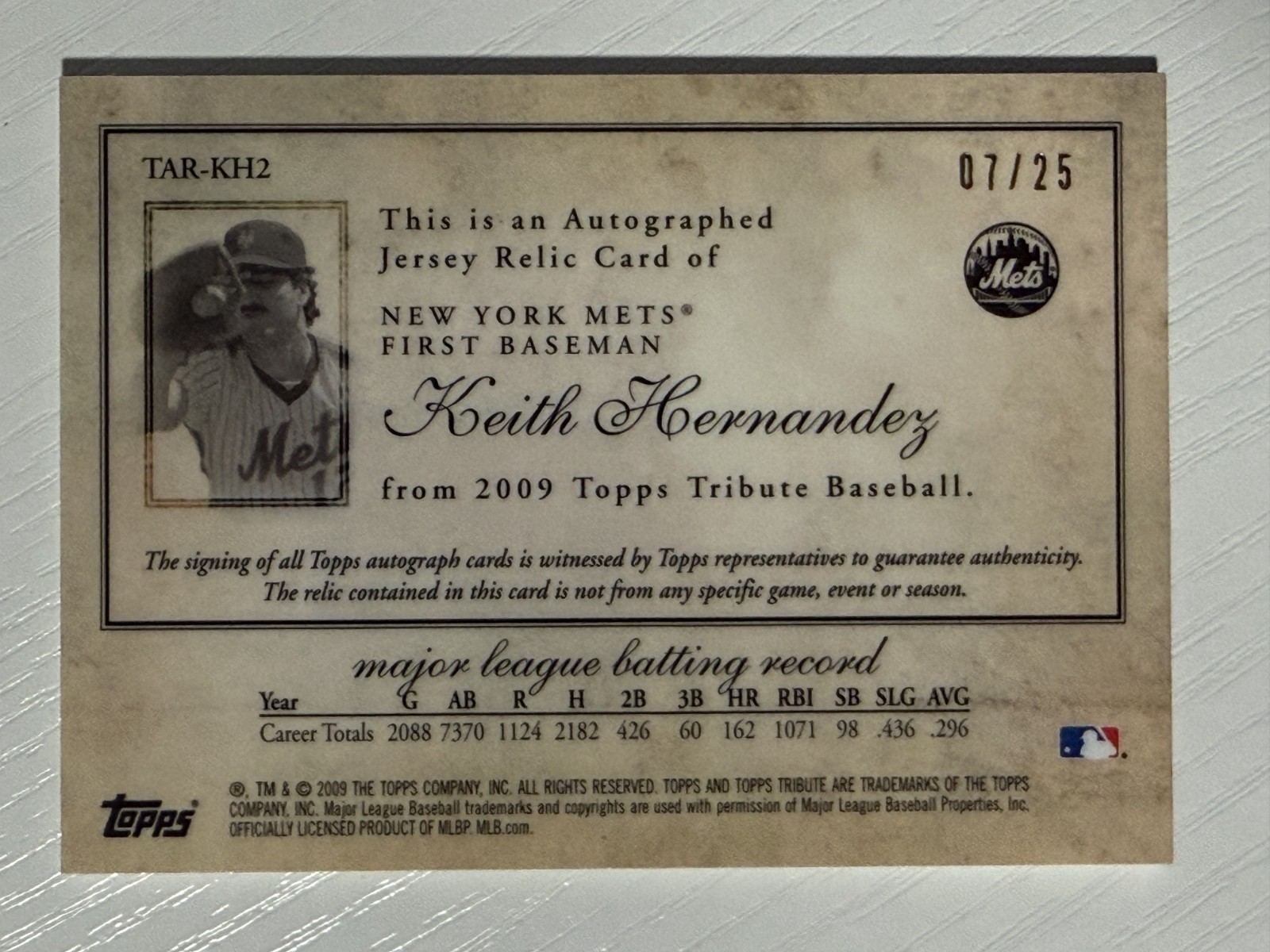 Keith Hernandez 2009 Topps Tribute Game Used Bat Auto Gold 07/25 New York Mets view 2