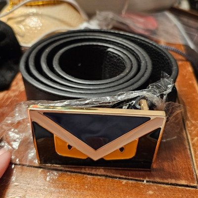 Fendi ''Monster Eye''Men's Solid Black Belt  Gold-Tone Buckle Made in Italy