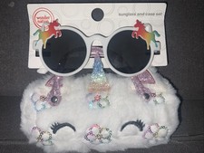 Round White Unicorn Girls Kids Sunglasses  Unicorn Faux Fur Case Set NEW