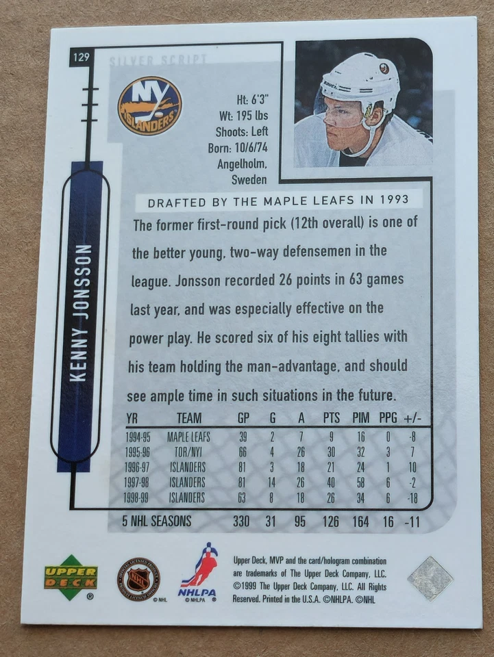 1999-00 Upper Deck MVP Silver Script Kenny Jonsson #129 New York Islanders  - Image 2 of 2