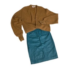 Vtg 80s CHIA Teal Genuine Leather Pencil Skirt Jantzen 3 Under Cardigan Outfit S
