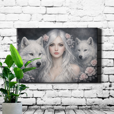 Woman and Wolf Romantic Scene 5D Diamond Painting Kit Round Unframed