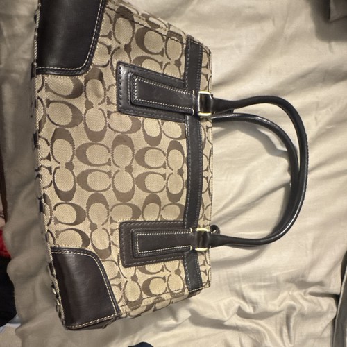 Coach Signature Logo Satchel Top Handle Bag Zip Gold Hardware Brown Beige - Picture 2 of 4