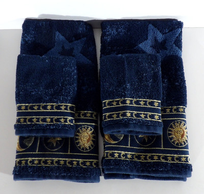 Vintage 90's Celestial Sun Moon Stars Spring Maid 2 Hand Towels 2 Washcloth Blue
