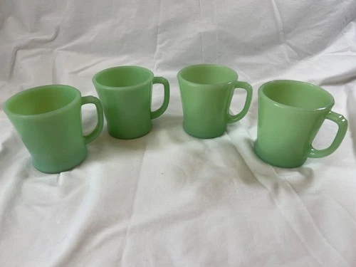 VTG Fire King Jadeite Green D Handle Mug Oven Ware Glass Coffee Cups Lot Of 4