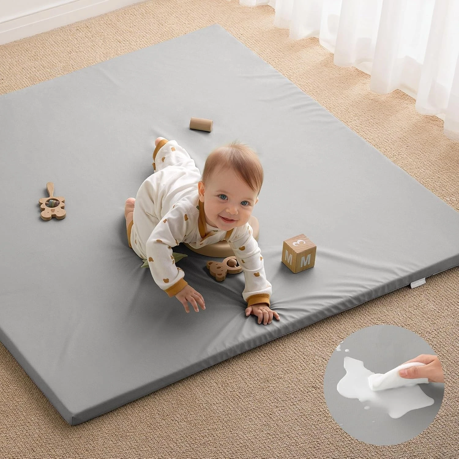 Blissful Diary Vegan Leather Baby Play Mat, 47x47 Thicken Foam Cushioned & Water
