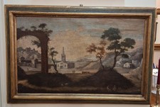 Antico Quadro Olio Su Tela Paesaggio Capriccio Fine Secolo XVIII settecento
