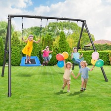 600lb Metal Swing Sets Heavy-Duty Outdoor Kids Adult Playset Swing Set w/3 Seats