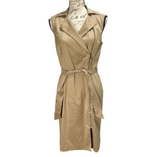 Ann Taylor Women's Y2K Khaki Collared Sheath Dress Zipper Front Tie Size 6