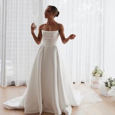 Pleat Satin A LIine Princess Wedding Dresses Side Slit Split Bridal Gown White