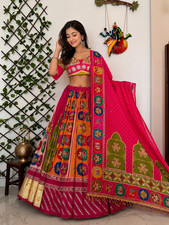 Pink Indian Heavy Muslin Cotton Lehenga Choli Digital Print Wedding Party Wear
