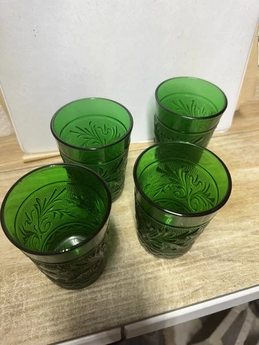 Vintage Anchor Hocking Forest Green Sandwich Glasses (4) 8 oz. 4" Mid Century