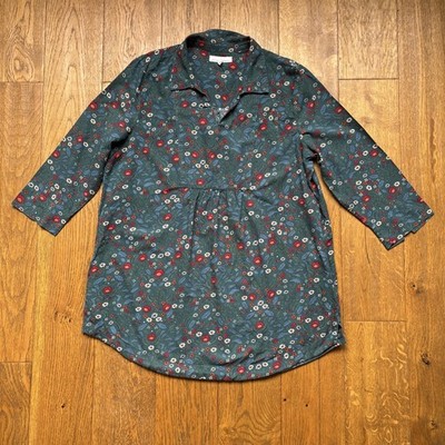 Seasalt Fal Water Tunic Top Size 14 Green Floral Pockets Cotton Mix 3/4 Sleeve