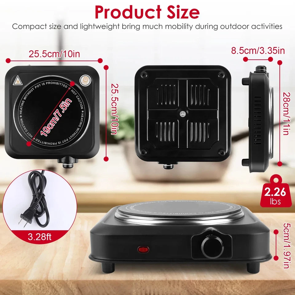 1000W Eléctrico Infrarrojo Quemador Único Portátil Calefacción Placa Caliente Estufa Contador Foto 2 de 4