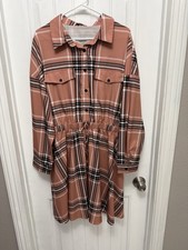 Shein Curve Plaid Shirt Mini Dress Shirtdress Women's Long Sleeves Brown Size 3X