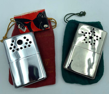 Lot of 2 Vtg pocket hand warmers Silver Metal w/ bag Jon-e  Hong Kong