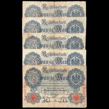 5x 1914 German 20 Mark Banknote WW1 WWI Military Inflation Fascist Kaiser War