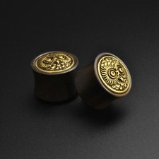 Areng Bois Double Flare Prise Avec Laiton Chouette Incrustation Fait Bio Oreille