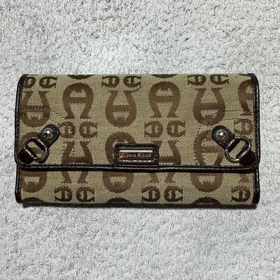 Etiennne Aigner Trifold Wallet Logo Jaquard Fabric Brown Leather