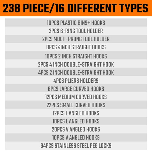 238x Pegboard Accessories Hooks Bins Part Storgae Tool Organizer Workshop Garage - Picture 12 of 12