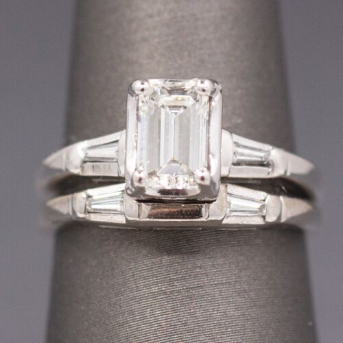 Vintage GIA Certified Emerald Cut and Baguette Diamond Wedding Ring Set 14k WG